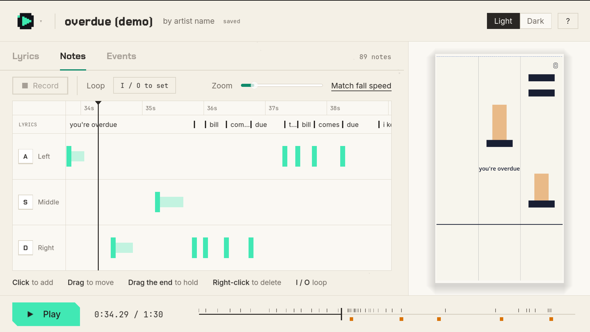 The editor: lyrics, notes and events tabs beside a live preview of the game